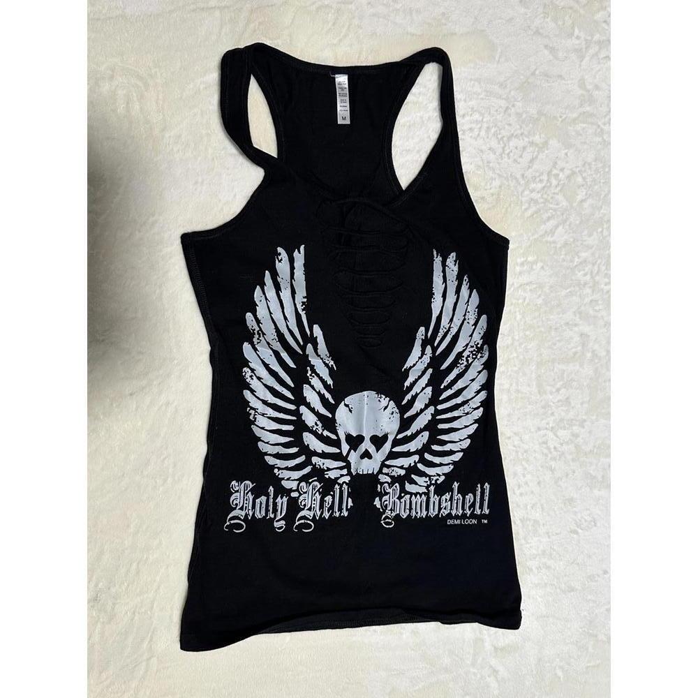 Demi Loon Women’s Biker Racerback Tank Top Holy Hell Bombshell Slashed Medium